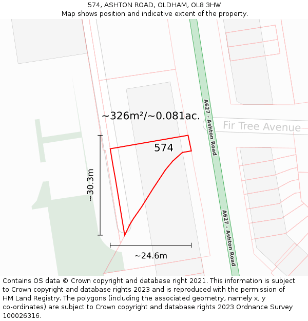 574, ASHTON ROAD, OLDHAM, OL8 3HW: Plot and title map