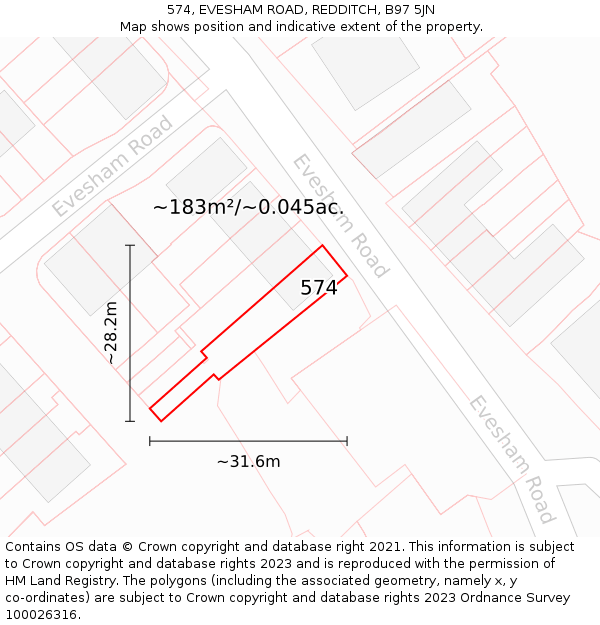 574, EVESHAM ROAD, REDDITCH, B97 5JN: Plot and title map
