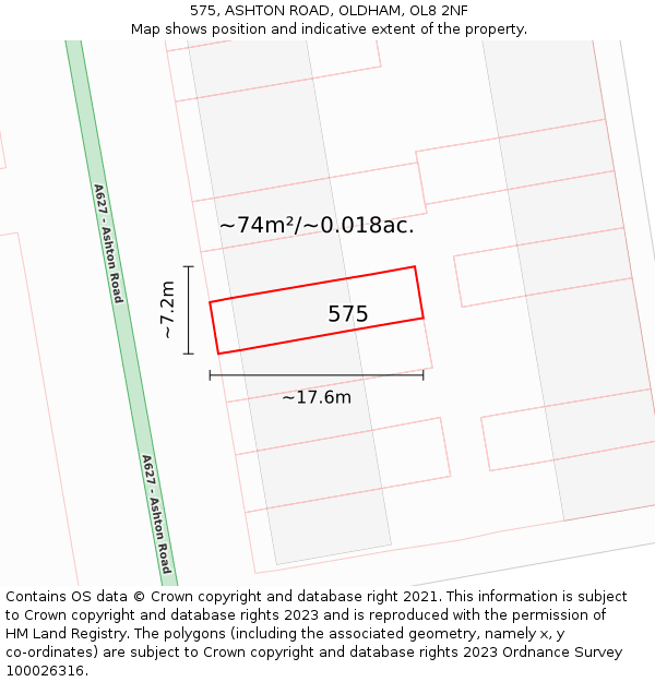 575, ASHTON ROAD, OLDHAM, OL8 2NF: Plot and title map