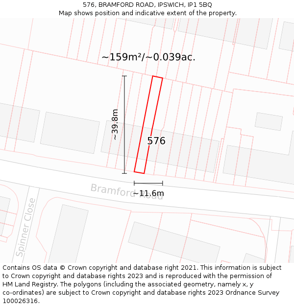 576, BRAMFORD ROAD, IPSWICH, IP1 5BQ: Plot and title map