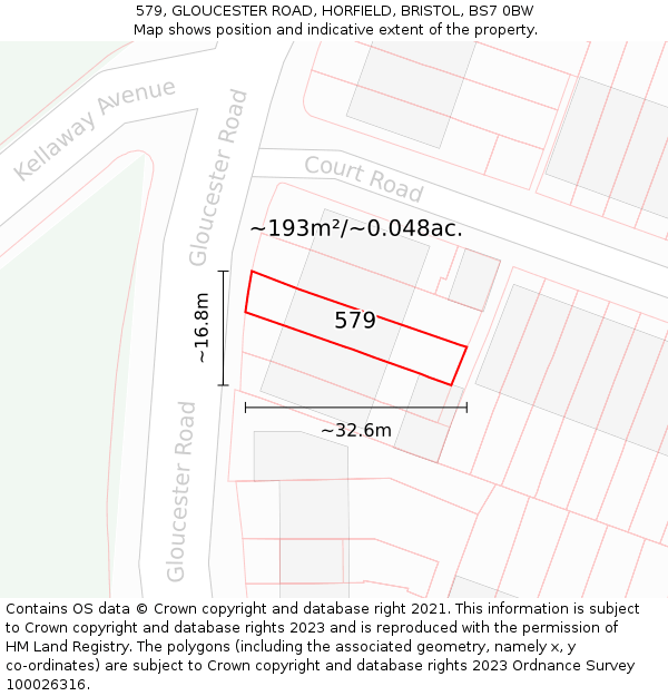 579, GLOUCESTER ROAD, HORFIELD, BRISTOL, BS7 0BW: Plot and title map