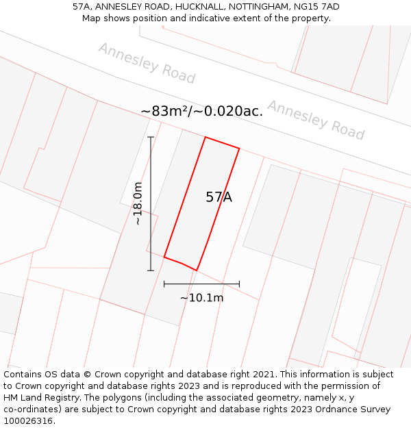 57A, ANNESLEY ROAD, HUCKNALL, NOTTINGHAM, NG15 7AD: Plot and title map