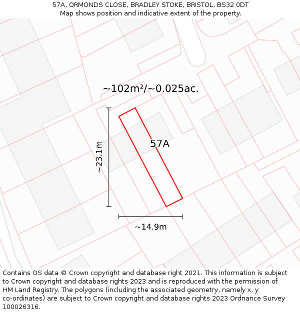 57A, ORMONDS CLOSE, BRADLEY STOKE, BRISTOL, BS32 0DT: Plot and title map