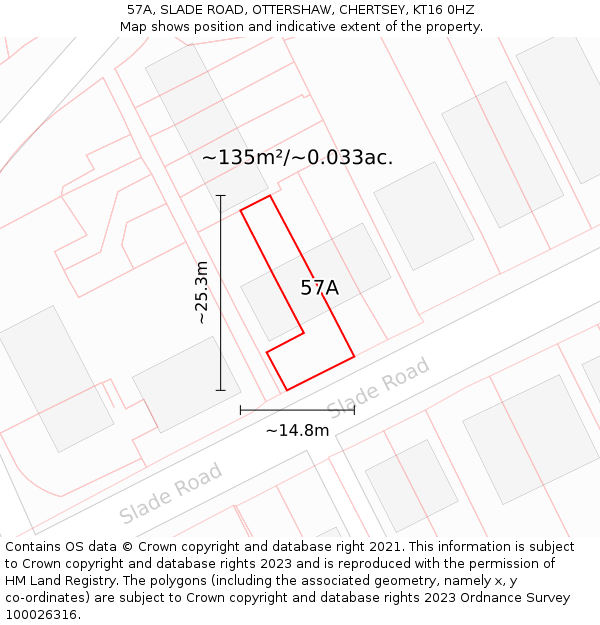 57A, SLADE ROAD, OTTERSHAW, CHERTSEY, KT16 0HZ: Plot and title map