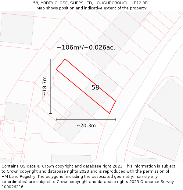 58, ABBEY CLOSE, SHEPSHED, LOUGHBOROUGH, LE12 9EH: Plot and title map