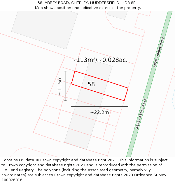 58, ABBEY ROAD, SHEPLEY, HUDDERSFIELD, HD8 8EL: Plot and title map