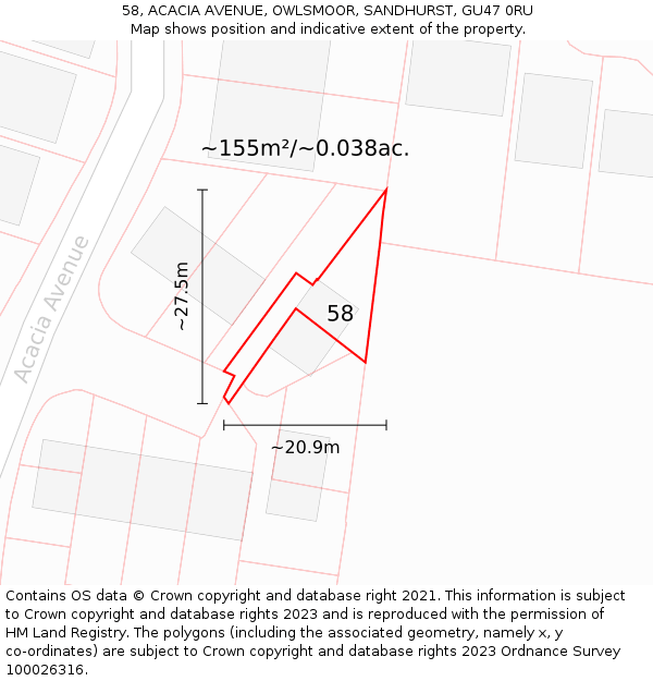 58, ACACIA AVENUE, OWLSMOOR, SANDHURST, GU47 0RU: Plot and title map