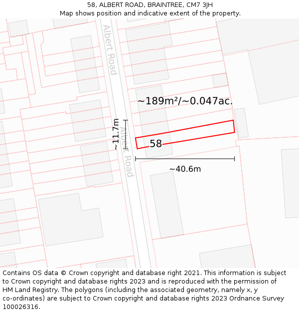 58, ALBERT ROAD, BRAINTREE, CM7 3JH: Plot and title map