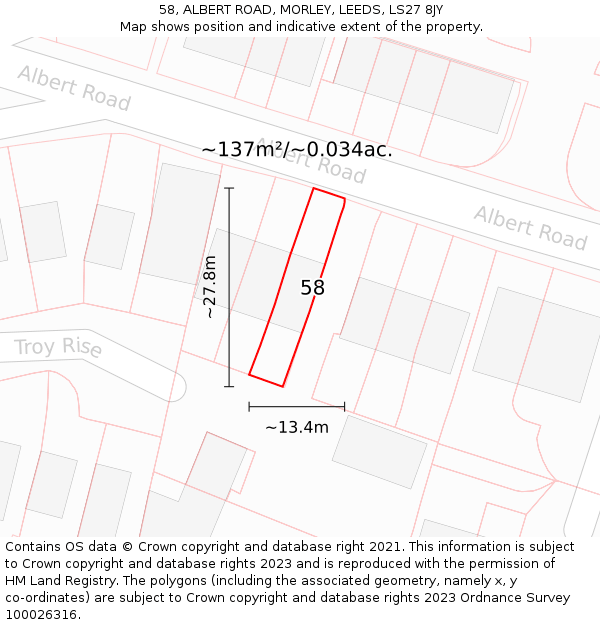 58, ALBERT ROAD, MORLEY, LEEDS, LS27 8JY: Plot and title map