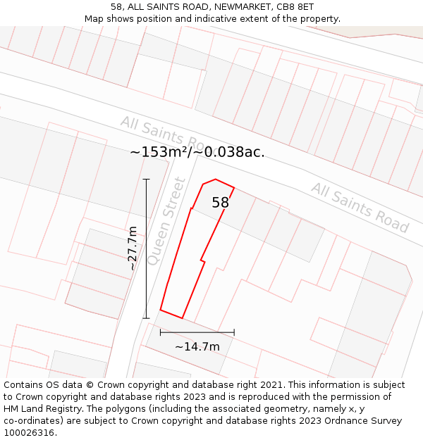 58, ALL SAINTS ROAD, NEWMARKET, CB8 8ET: Plot and title map