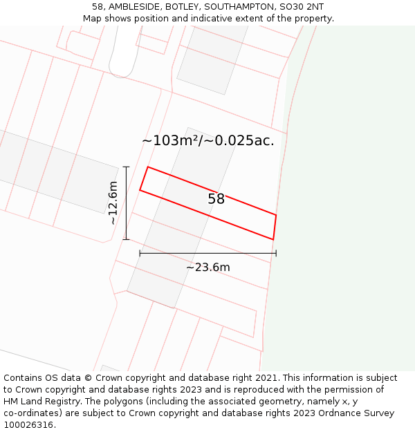 58, AMBLESIDE, BOTLEY, SOUTHAMPTON, SO30 2NT: Plot and title map