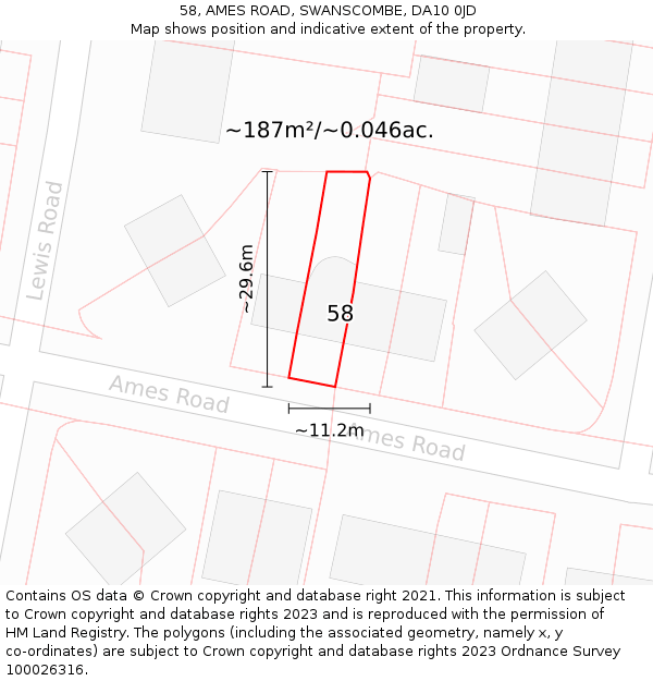 58, AMES ROAD, SWANSCOMBE, DA10 0JD: Plot and title map