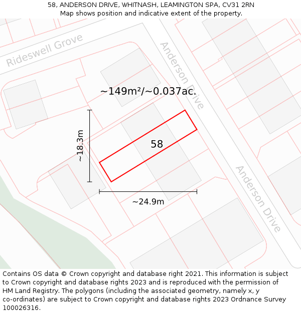 58, ANDERSON DRIVE, WHITNASH, LEAMINGTON SPA, CV31 2RN: Plot and title map
