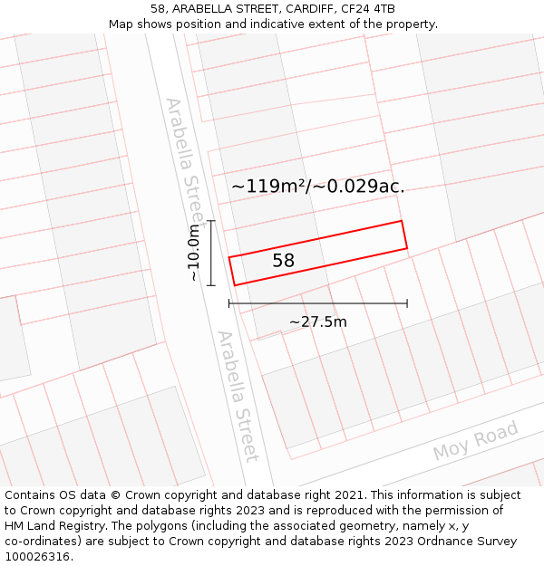 58, ARABELLA STREET, CARDIFF, CF24 4TB: Plot and title map
