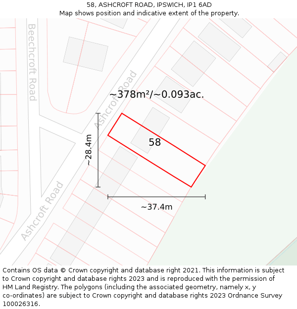 58, ASHCROFT ROAD, IPSWICH, IP1 6AD: Plot and title map
