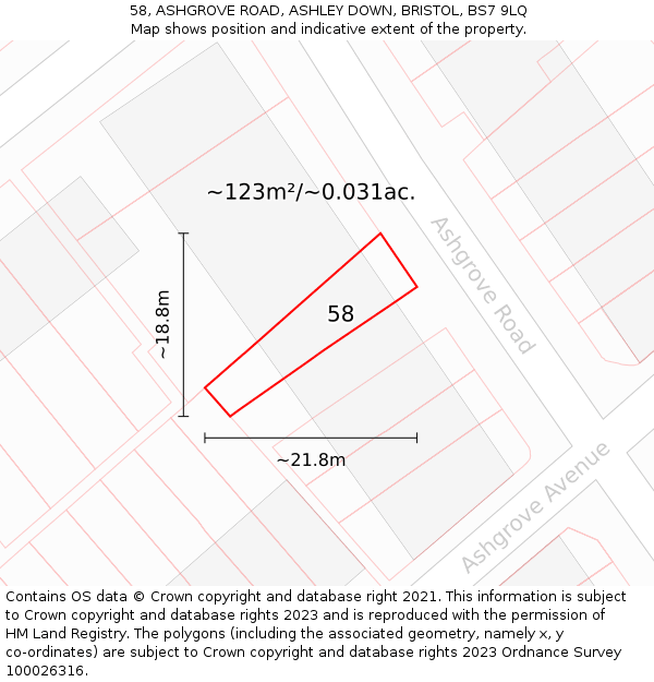 58, ASHGROVE ROAD, ASHLEY DOWN, BRISTOL, BS7 9LQ: Plot and title map