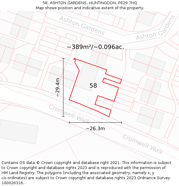 58, ASHTON GARDENS, HUNTINGDON, PE29 7HQ: Plot and title map