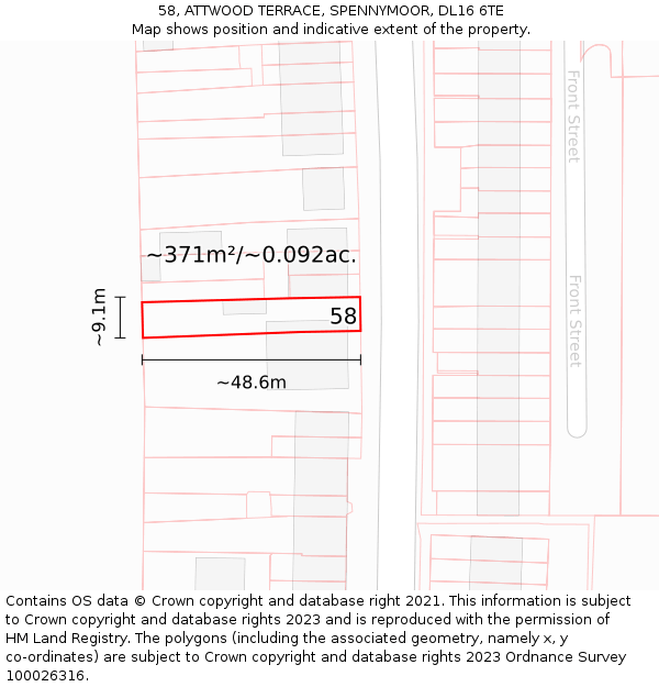 58, ATTWOOD TERRACE, SPENNYMOOR, DL16 6TE: Plot and title map