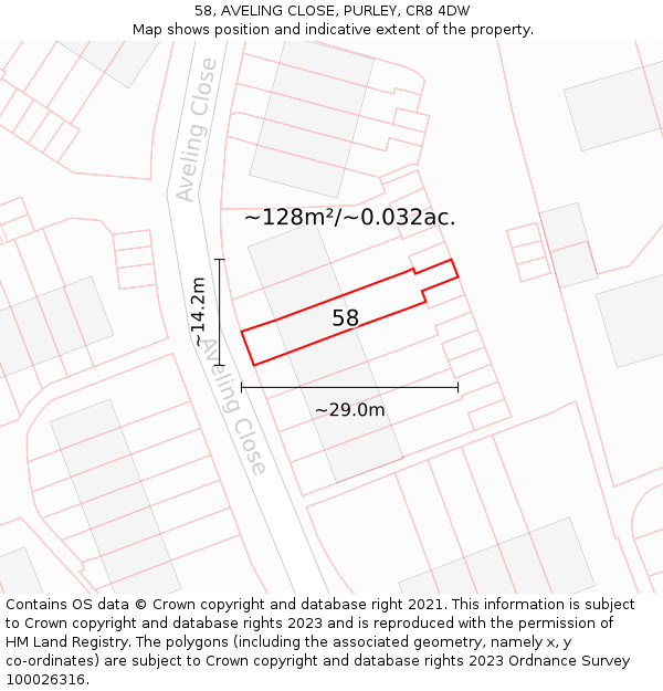 58, AVELING CLOSE, PURLEY, CR8 4DW: Plot and title map