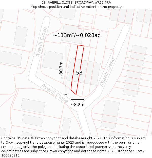 58, AVERILL CLOSE, BROADWAY, WR12 7RA: Plot and title map