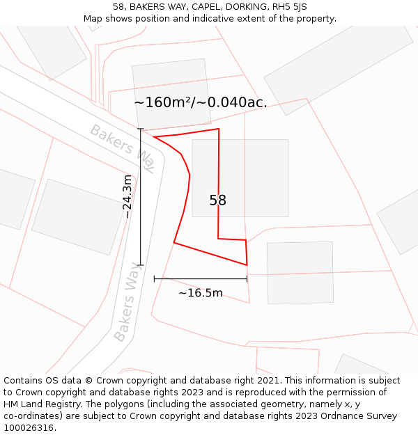 58, BAKERS WAY, CAPEL, DORKING, RH5 5JS: Plot and title map