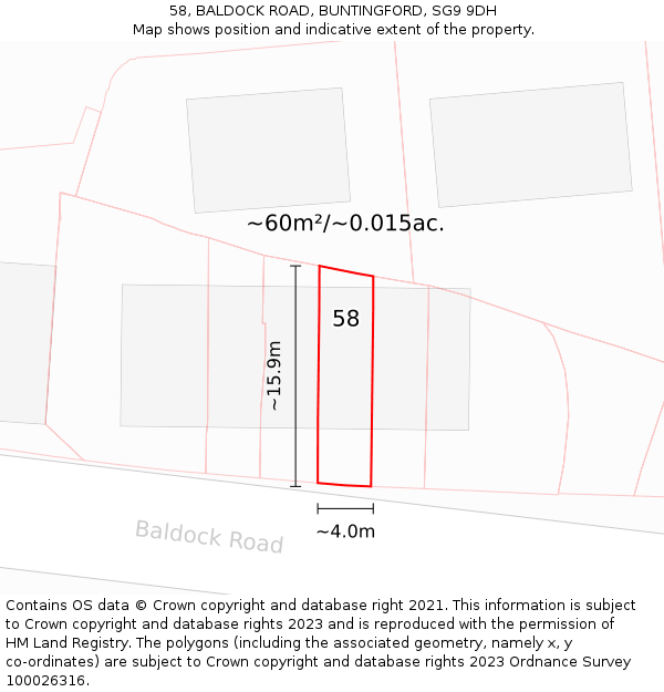 58, BALDOCK ROAD, BUNTINGFORD, SG9 9DH: Plot and title map