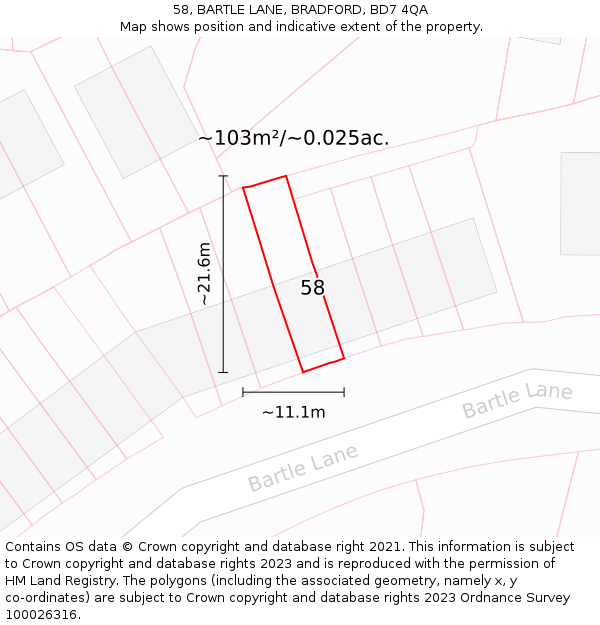 58, BARTLE LANE, BRADFORD, BD7 4QA: Plot and title map