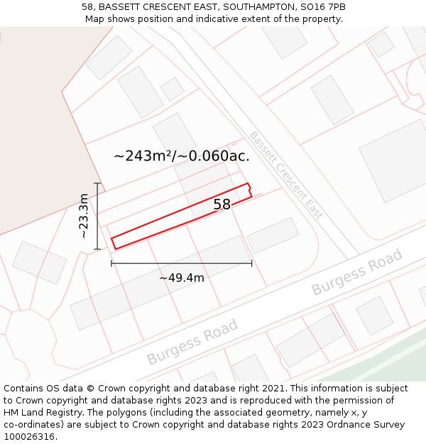 58, BASSETT CRESCENT EAST, SOUTHAMPTON, SO16 7PB: Plot and title map