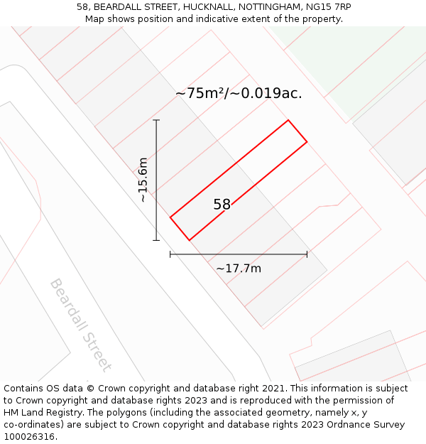 58, BEARDALL STREET, HUCKNALL, NOTTINGHAM, NG15 7RP: Plot and title map