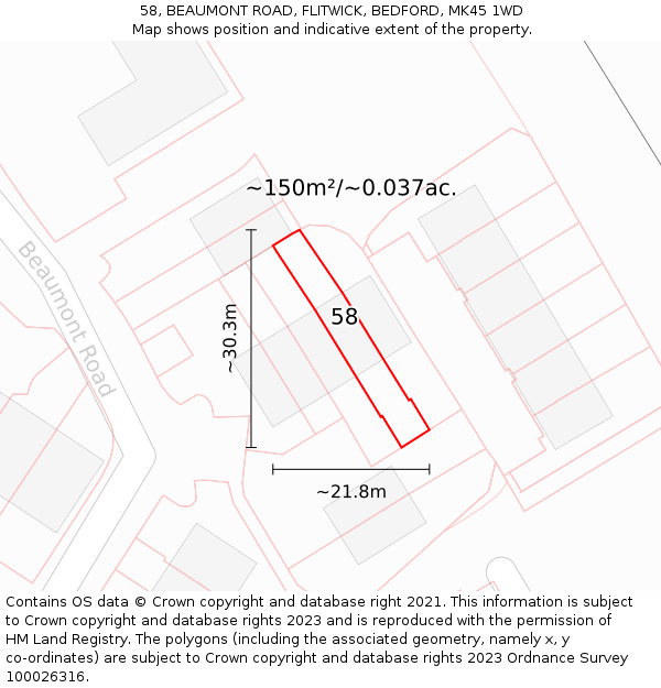 58, BEAUMONT ROAD, FLITWICK, BEDFORD, MK45 1WD: Plot and title map