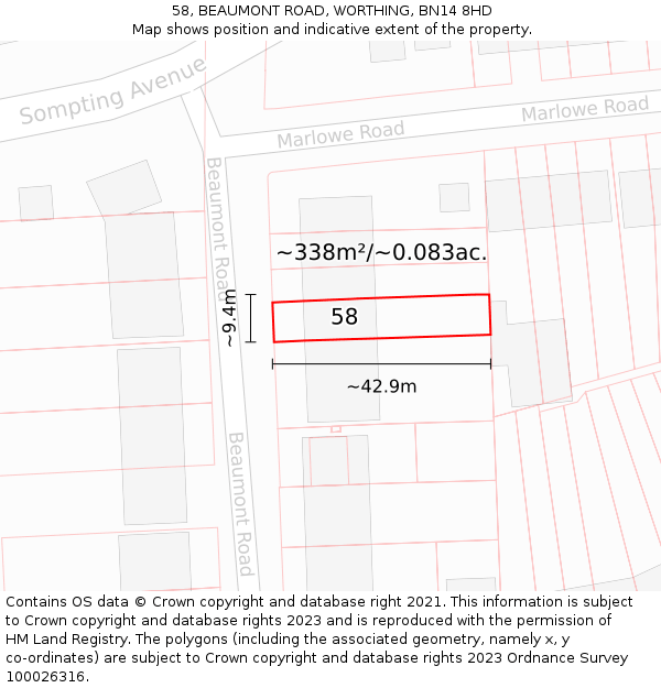 58, BEAUMONT ROAD, WORTHING, BN14 8HD: Plot and title map