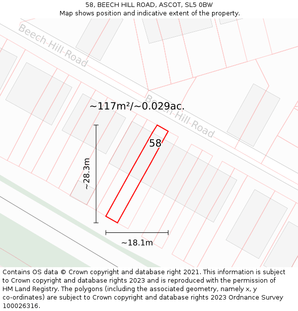 58, BEECH HILL ROAD, ASCOT, SL5 0BW: Plot and title map
