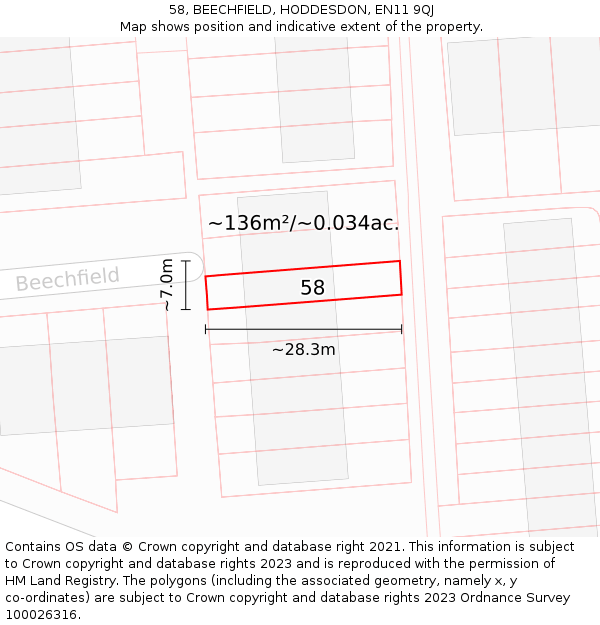 58, BEECHFIELD, HODDESDON, EN11 9QJ: Plot and title map