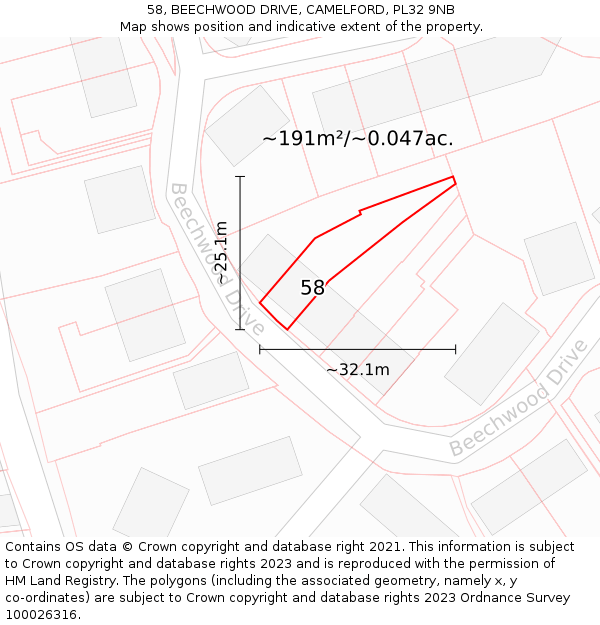 58, BEECHWOOD DRIVE, CAMELFORD, PL32 9NB: Plot and title map