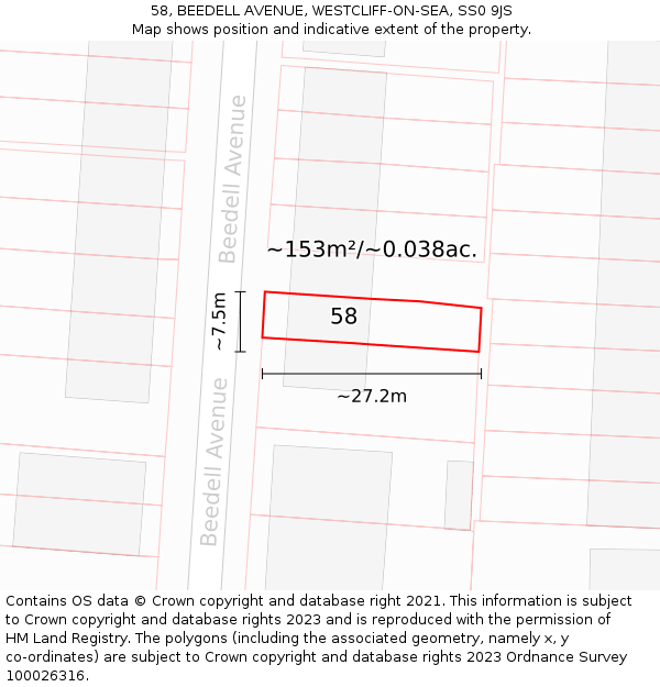 58, BEEDELL AVENUE, WESTCLIFF-ON-SEA, SS0 9JS: Plot and title map