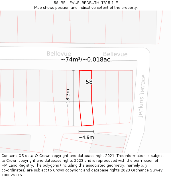 58, BELLEVUE, REDRUTH, TR15 1LE: Plot and title map