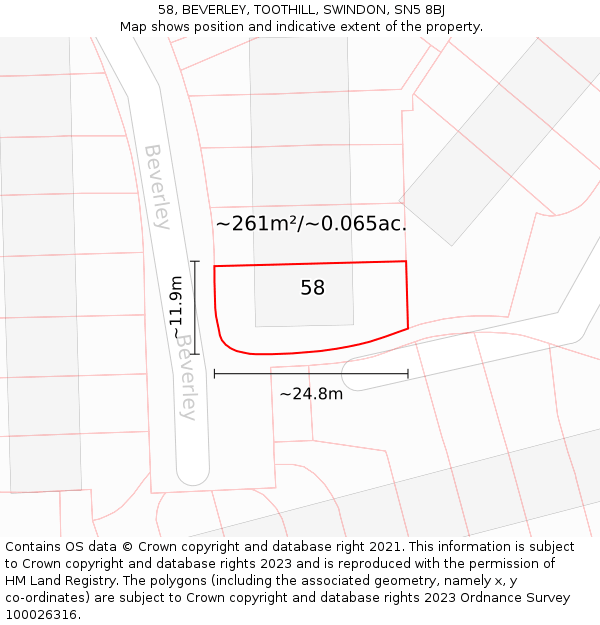 58, BEVERLEY, TOOTHILL, SWINDON, SN5 8BJ: Plot and title map