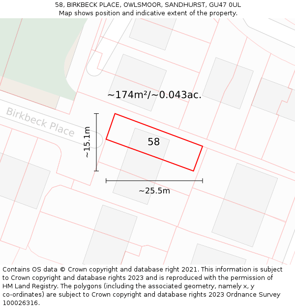 58, BIRKBECK PLACE, OWLSMOOR, SANDHURST, GU47 0UL: Plot and title map