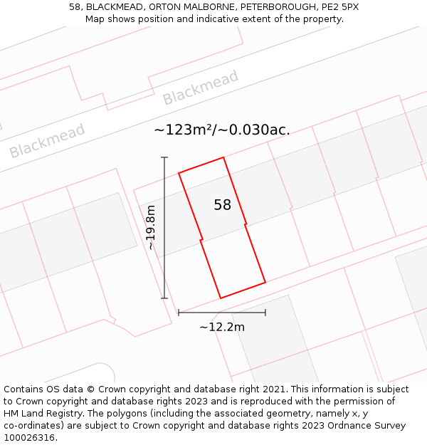 58, BLACKMEAD, ORTON MALBORNE, PETERBOROUGH, PE2 5PX: Plot and title map