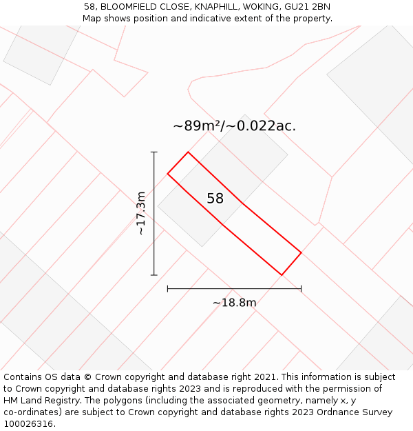 58, BLOOMFIELD CLOSE, KNAPHILL, WOKING, GU21 2BN: Plot and title map