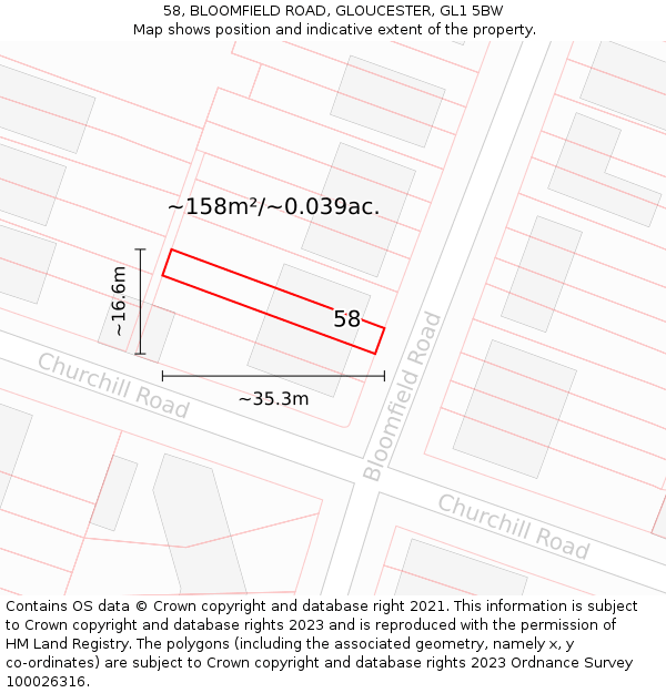 58, BLOOMFIELD ROAD, GLOUCESTER, GL1 5BW: Plot and title map