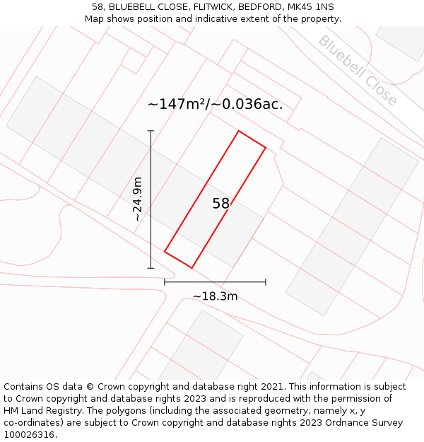 58, BLUEBELL CLOSE, FLITWICK, BEDFORD, MK45 1NS: Plot and title map