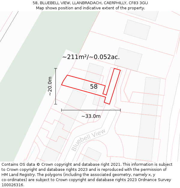 58, BLUEBELL VIEW, LLANBRADACH, CAERPHILLY, CF83 3GU: Plot and title map