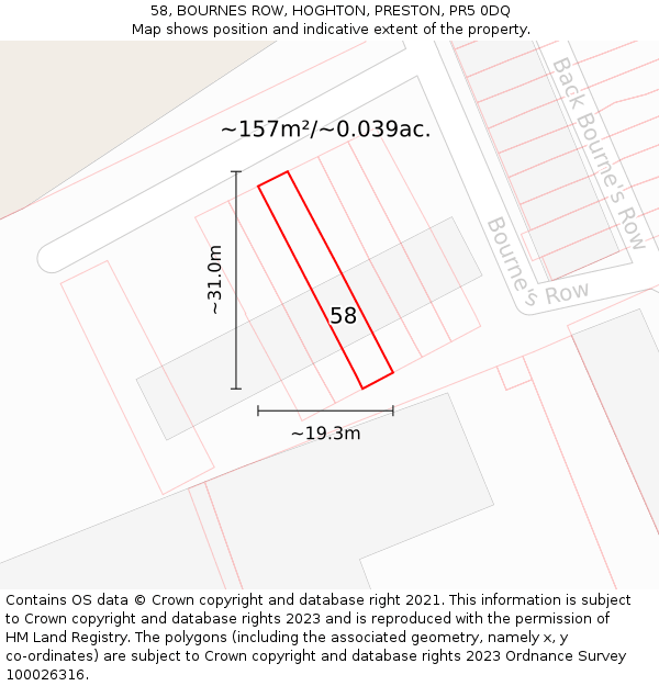58, BOURNES ROW, HOGHTON, PRESTON, PR5 0DQ: Plot and title map