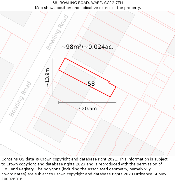 58, BOWLING ROAD, WARE, SG12 7EH: Plot and title map