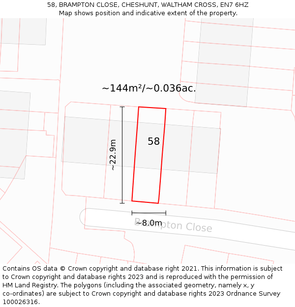 58, BRAMPTON CLOSE, CHESHUNT, WALTHAM CROSS, EN7 6HZ: Plot and title map