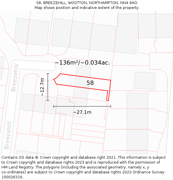 58, BREEZEHILL, WOOTTON, NORTHAMPTON, NN4 6AG: Plot and title map