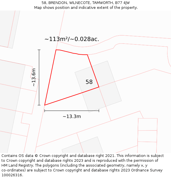 58, BRENDON, WILNECOTE, TAMWORTH, B77 4JW: Plot and title map