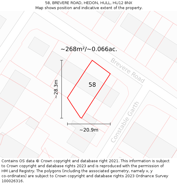 58, BREVERE ROAD, HEDON, HULL, HU12 8NX: Plot and title map
