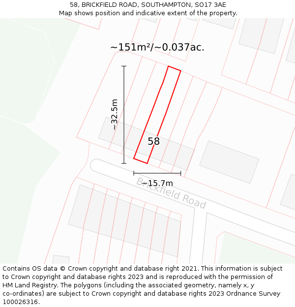 58, BRICKFIELD ROAD, SOUTHAMPTON, SO17 3AE: Plot and title map